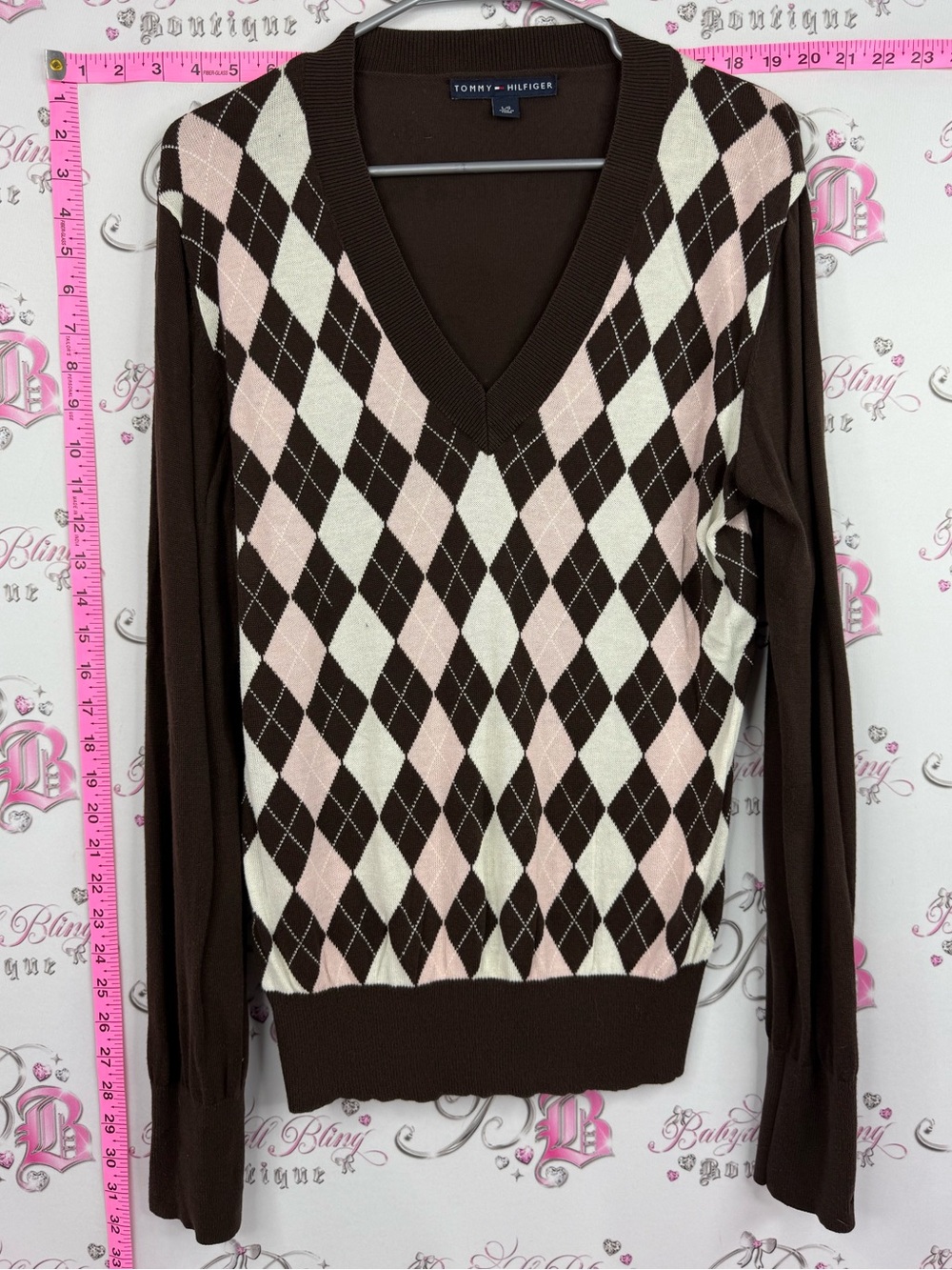 Tommy Hilfiger sweater pink white Brown Argyle V-Neck Sweater